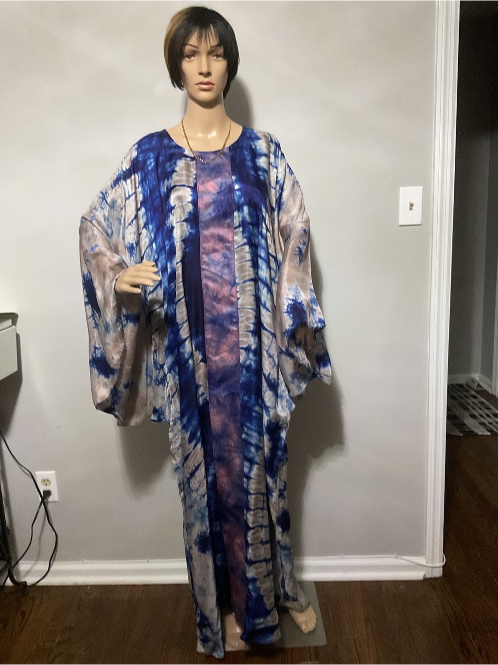 Bohemian Tie-Dye Maxi Dress in Blue and Cream